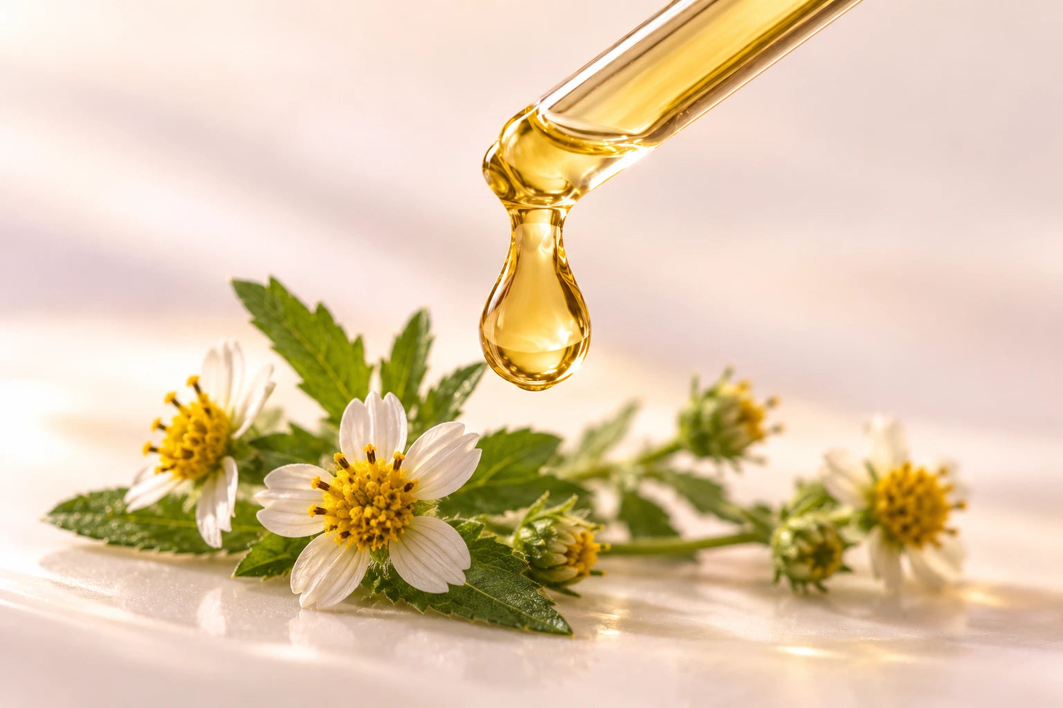 Bidens Pilosa-bloemen met een druppel serum